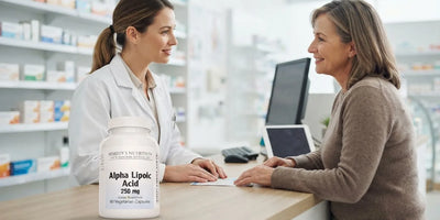 Alpha lipoic acid capsules with a glass of water representing side effects and safety