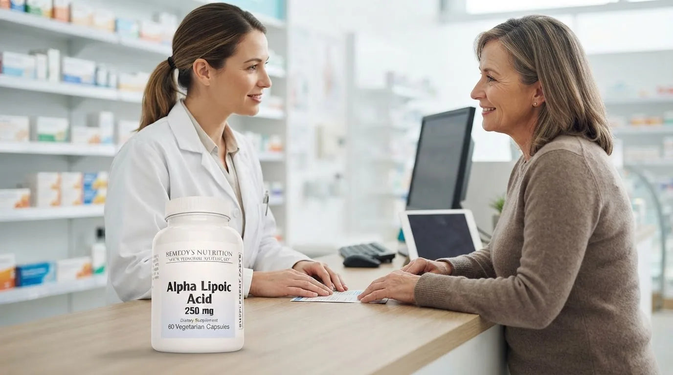 Alpha lipoic acid capsules with a glass of water representing side effects and safety