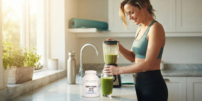 Alpha lipoic acid capsules and a measuring tape representing weight loss and metabolism support