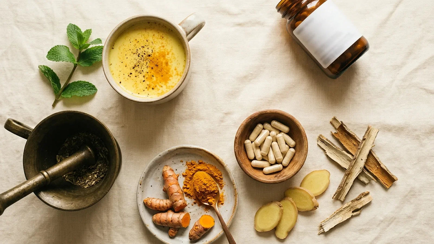 Overhead flatlay on cream linen — small amber bottle of ibuprofen tablets set aside, foreground holds turmeric root, boswellia capsules, ginger, white willow bark, ceramic mug of golden milk