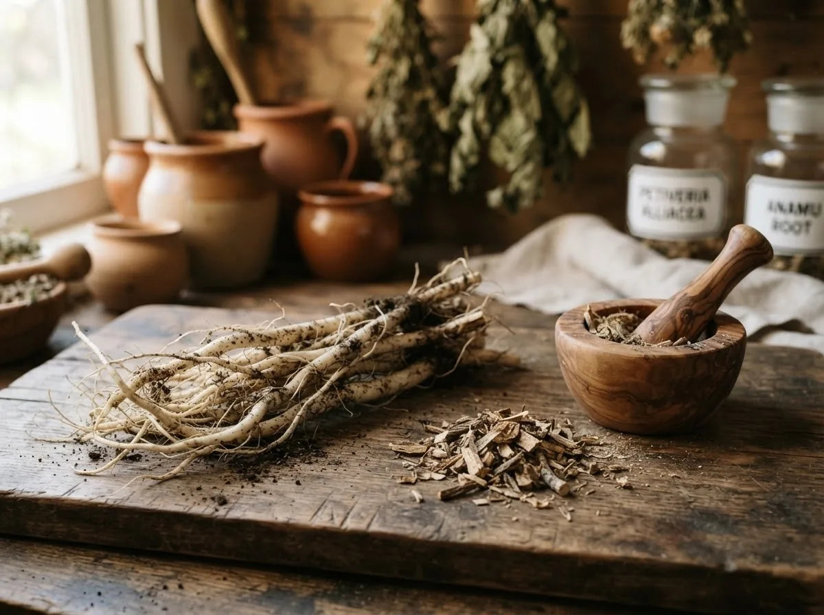 Anamu (guinea hen weed) roots on a wooden board