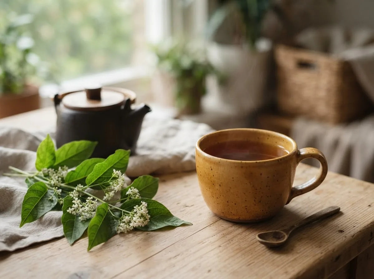 A cup of anamu leaf tea with fresh leaves