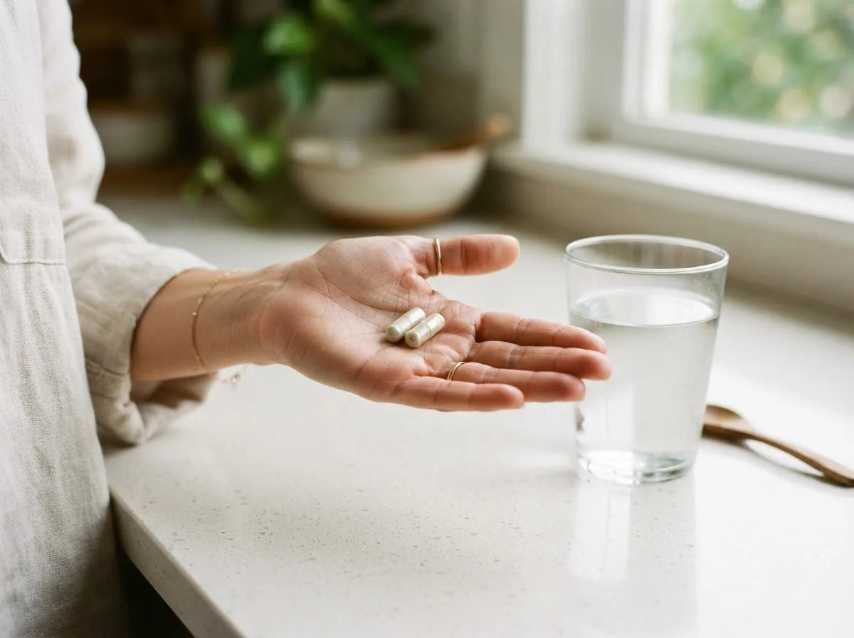 Two anamu capsules in a palm showing a daily dose