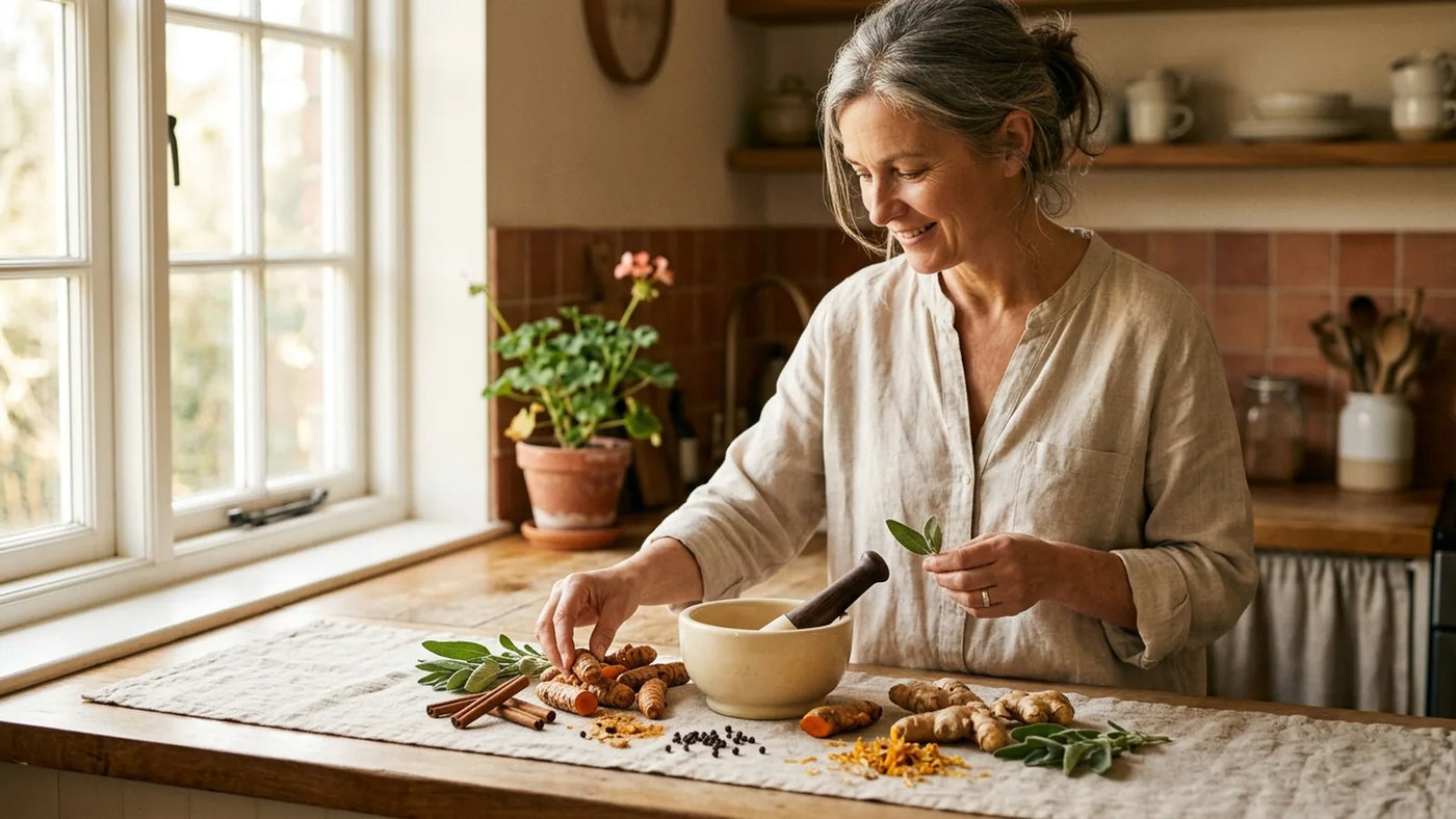 Woman in oatmeal linen blouse at warm kitchen counter arranging turmeric root, ginger, cinnamon sticks, and fresh herbs into ceramic mortar — natural anti-inflammatory kitchen ritual