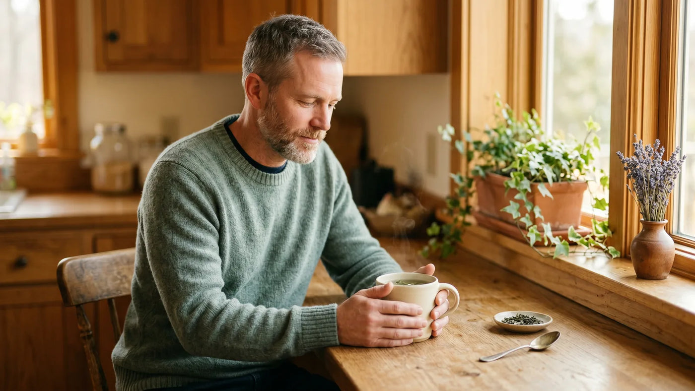 Man in dusty sage knit sweater seated at sunlit window holding warm ceramic mug of pale-green tea with calm focused expression