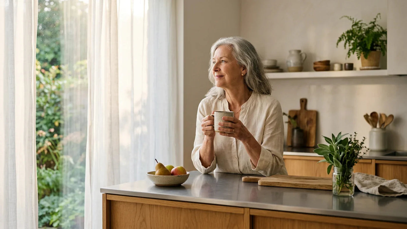 Mature woman holding warm mug with both hands at sunlit kitchen counter — gentle joint comfort