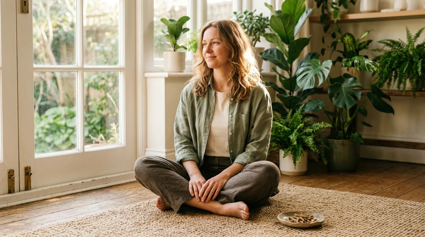 Woman in calm meditative pose — natural anxiety relief with ashwagandha