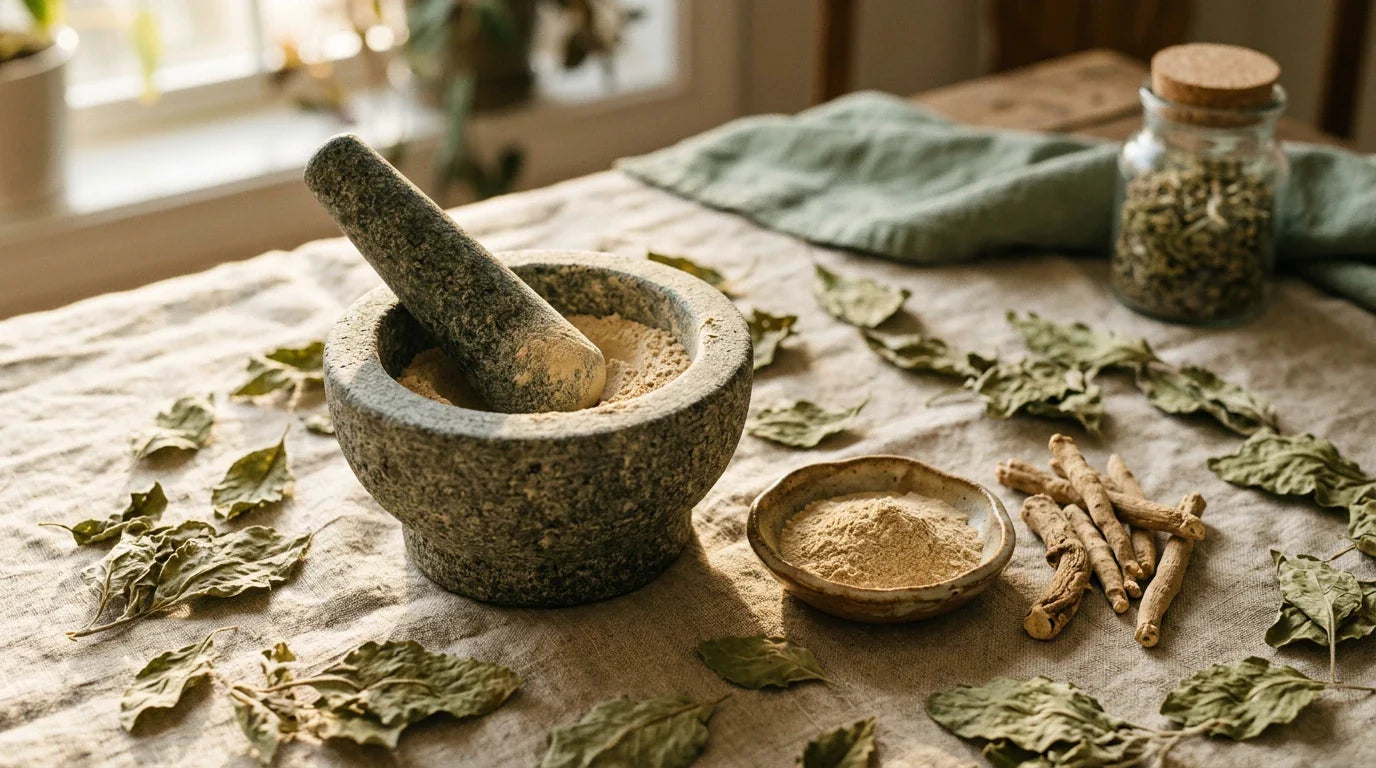 Ashwagandha root and powder with mortar and pestle — natural adaptogen benefits