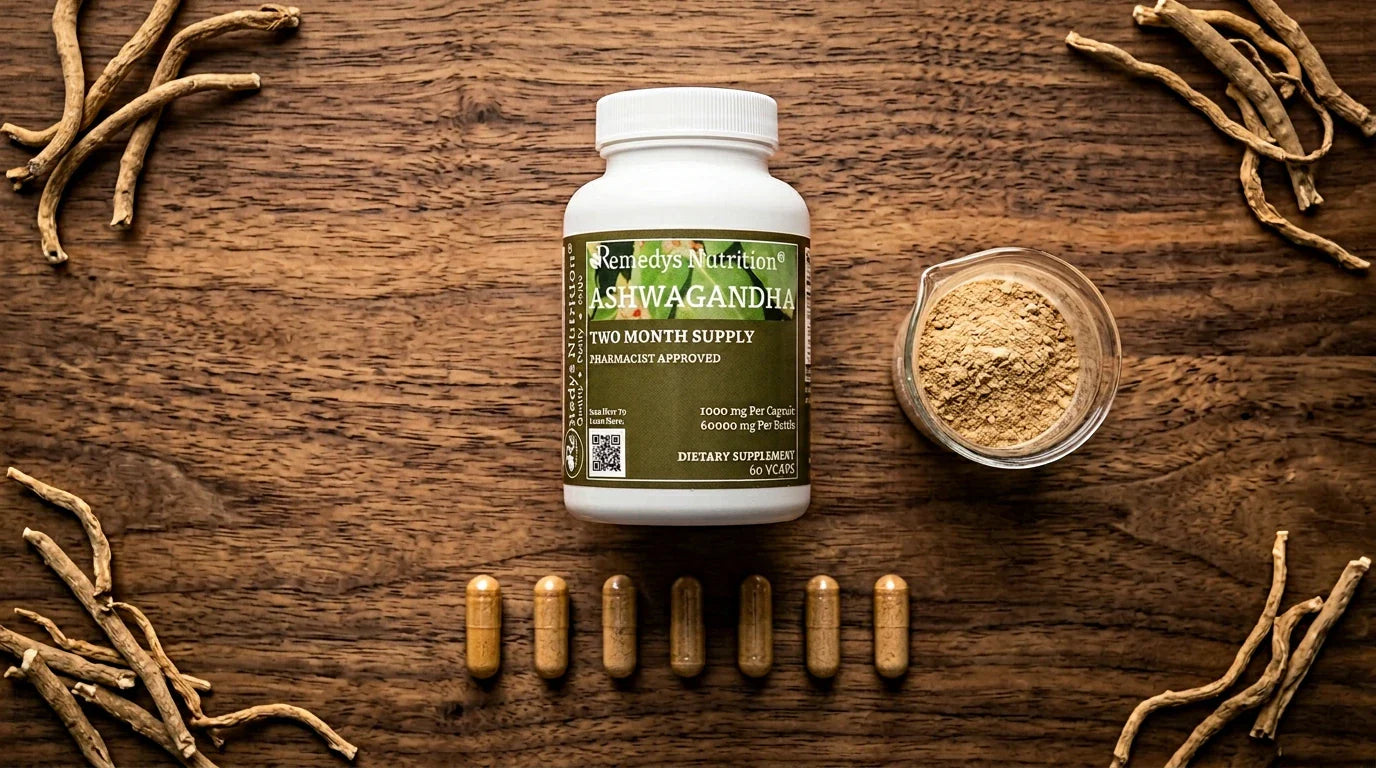 Ashwagandha capsules and powder measured on a wooden surface