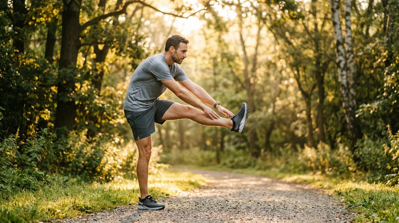 Athletic man stretching outdoors in morning light — ashwagandha for men