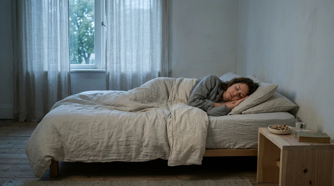 Une personne dormant paisiblement dans un lit en lin — l'ashwagandha pour un meilleur sommeil