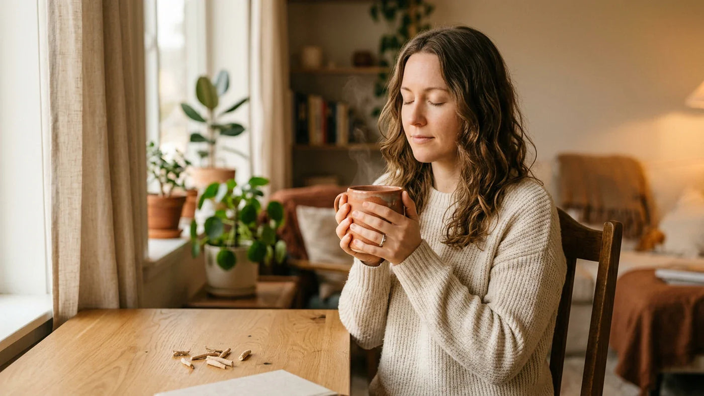 Person sitting at a wooden desk with a warm ceramic mug, eyes closed — ashwagandha for stress relief
