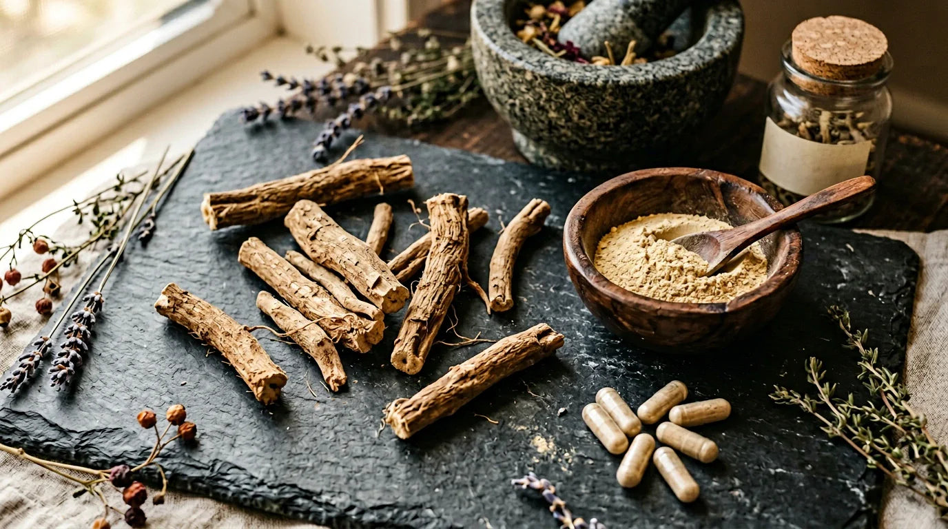 Ashwagandha root pieces and powder on dark slate — adaptogen herb supplement