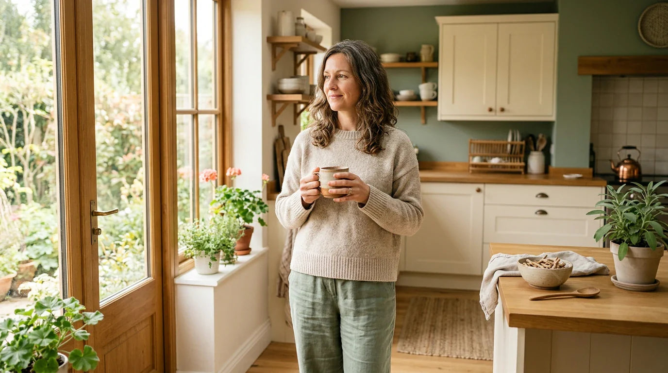 Woman holding a ceramic mug in a bright kitchen — ashwagandha for thyroid health