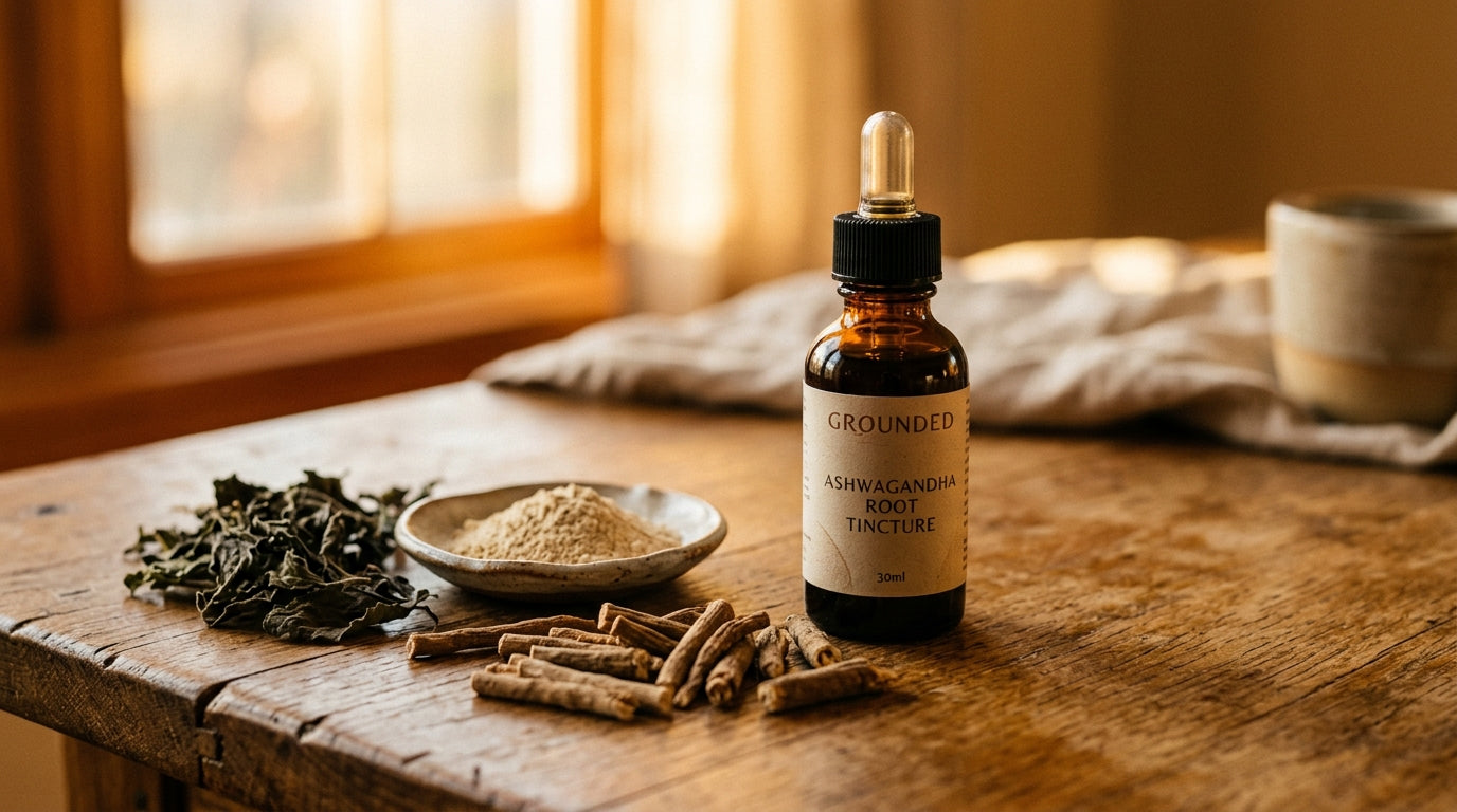 Flacon de teinture d'ashwagandha ambrée avec racine de withania et plantes adaptogènes pour soulager le stress