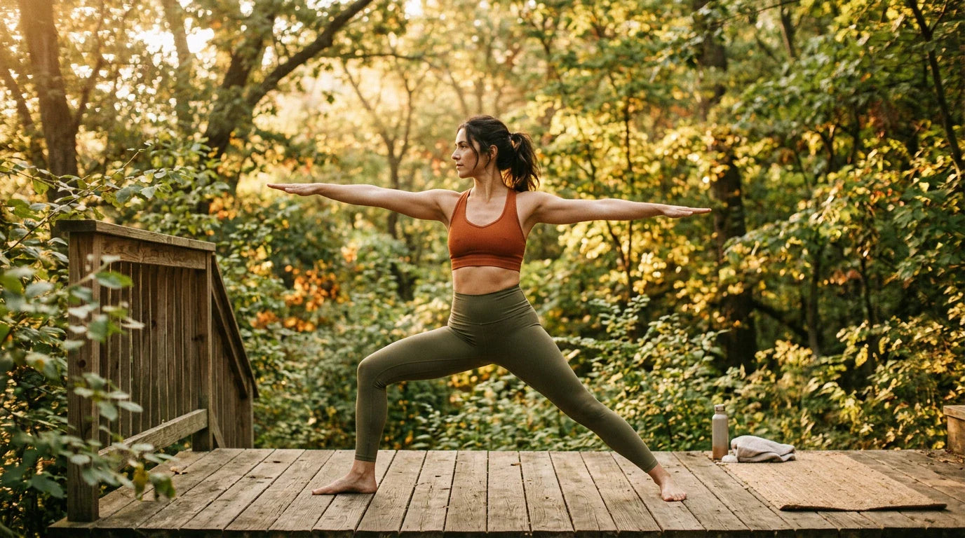 Woman practicing yoga outdoors in morning light — ashwagandha for women's health