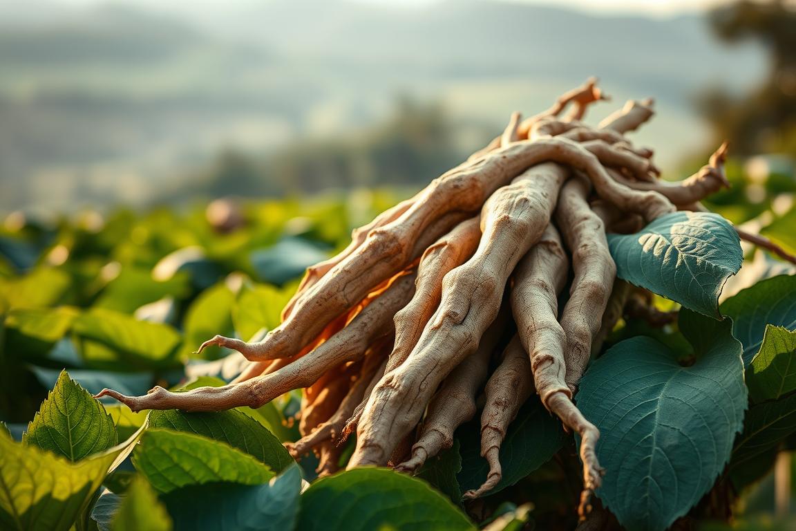 Macro close-up of gnarled dry roots resting on green leaves under golden hour sunlight, highlighting the serene natural texture of ashwagandha for adrenal fatigue remedies.