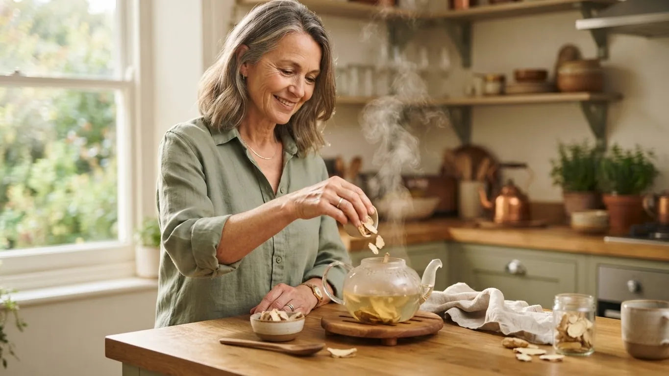 Woman preparing a herbal infusion with dried root slices in a kitchen