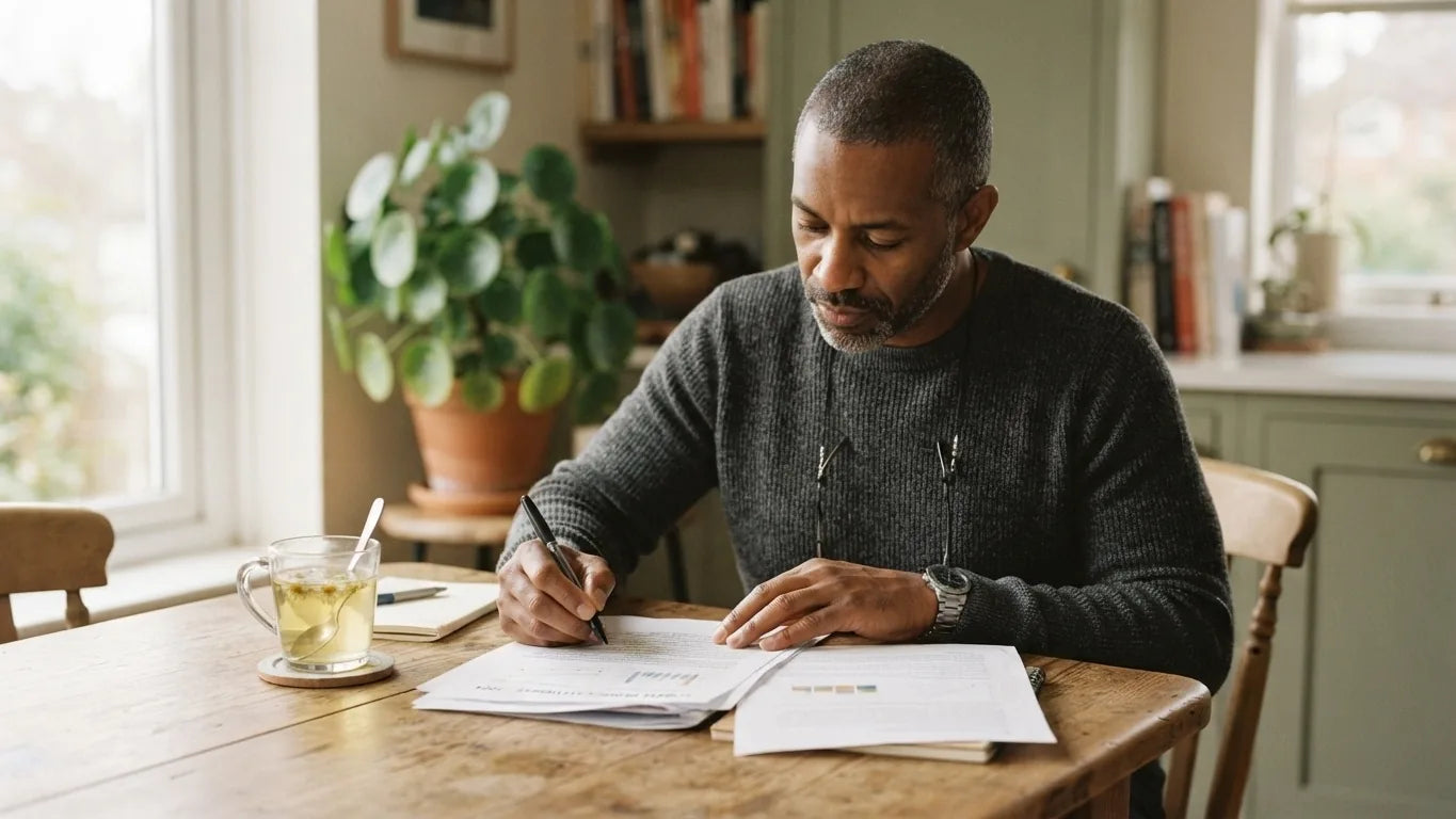 Man reading printed research at a kitchen table with tea