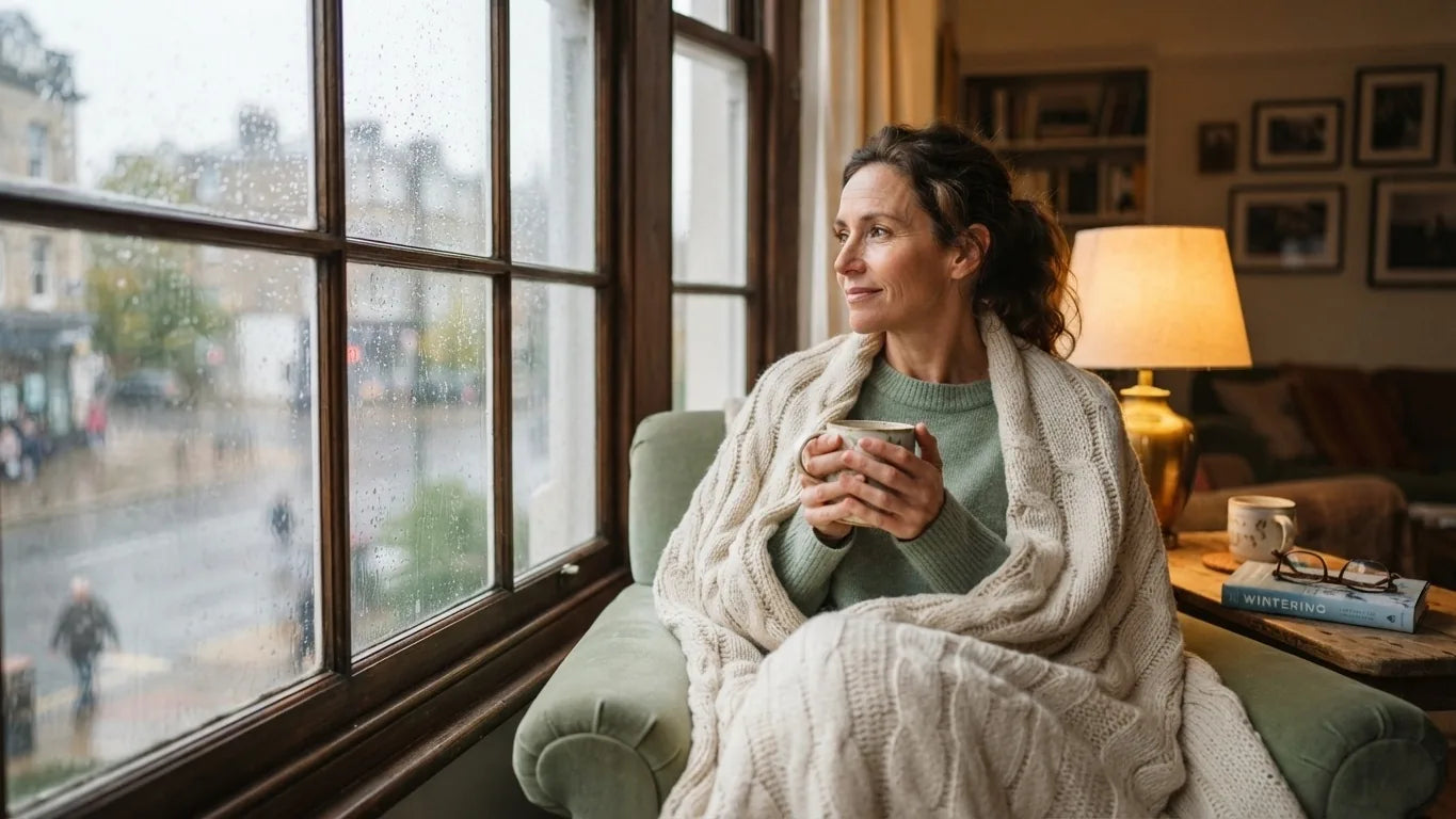 Woman wrapped in a blanket holding a warm mug by a window