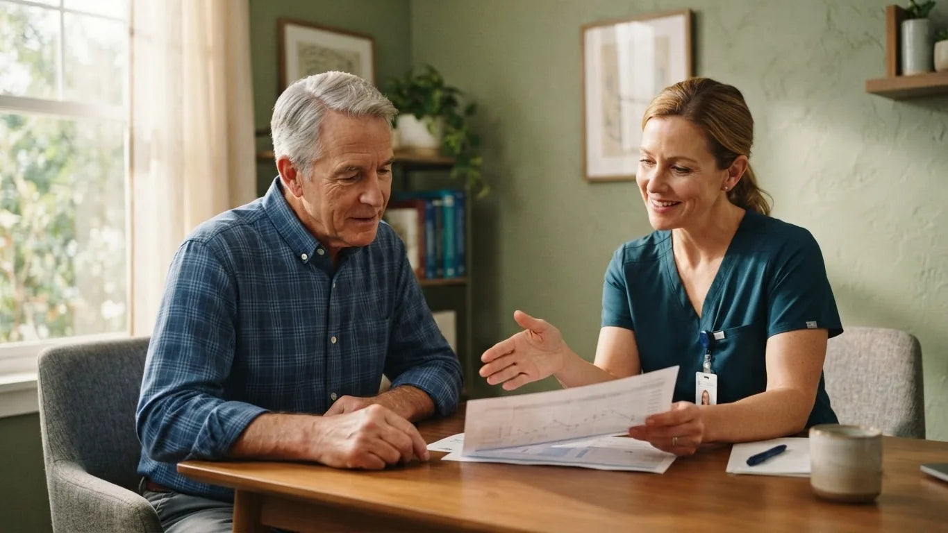 Patient discussing results with a nephrology nurse in a clinic