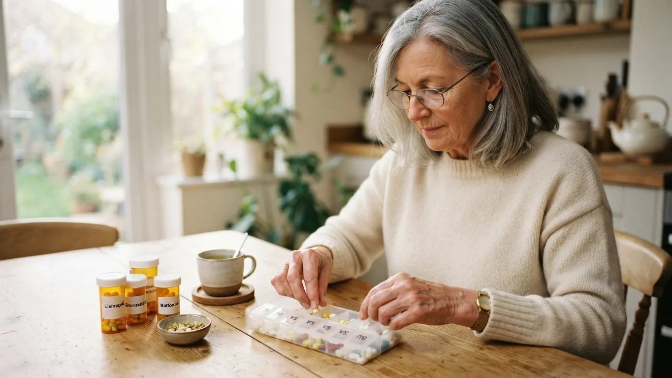 Woman filling a weekly pill organizer beside a cup of tea