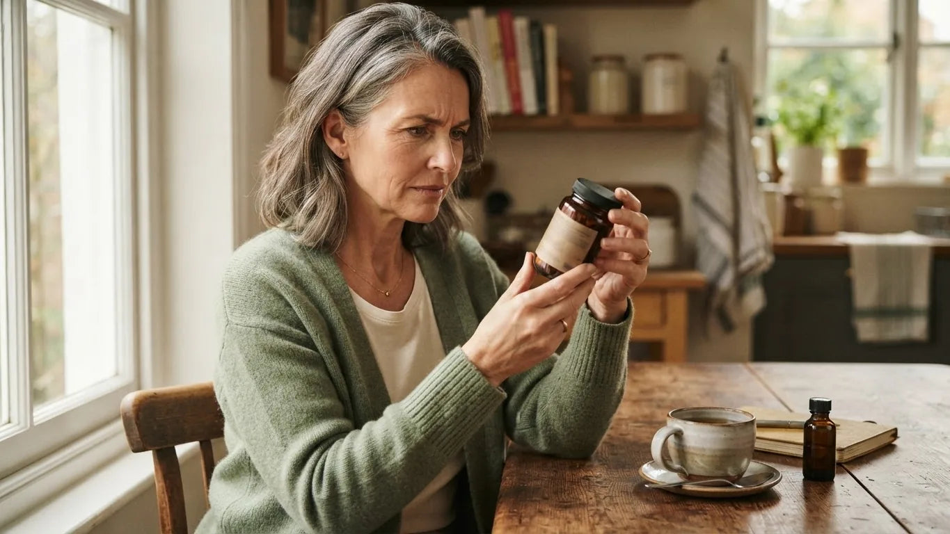 Woman reading a supplement label carefully at home