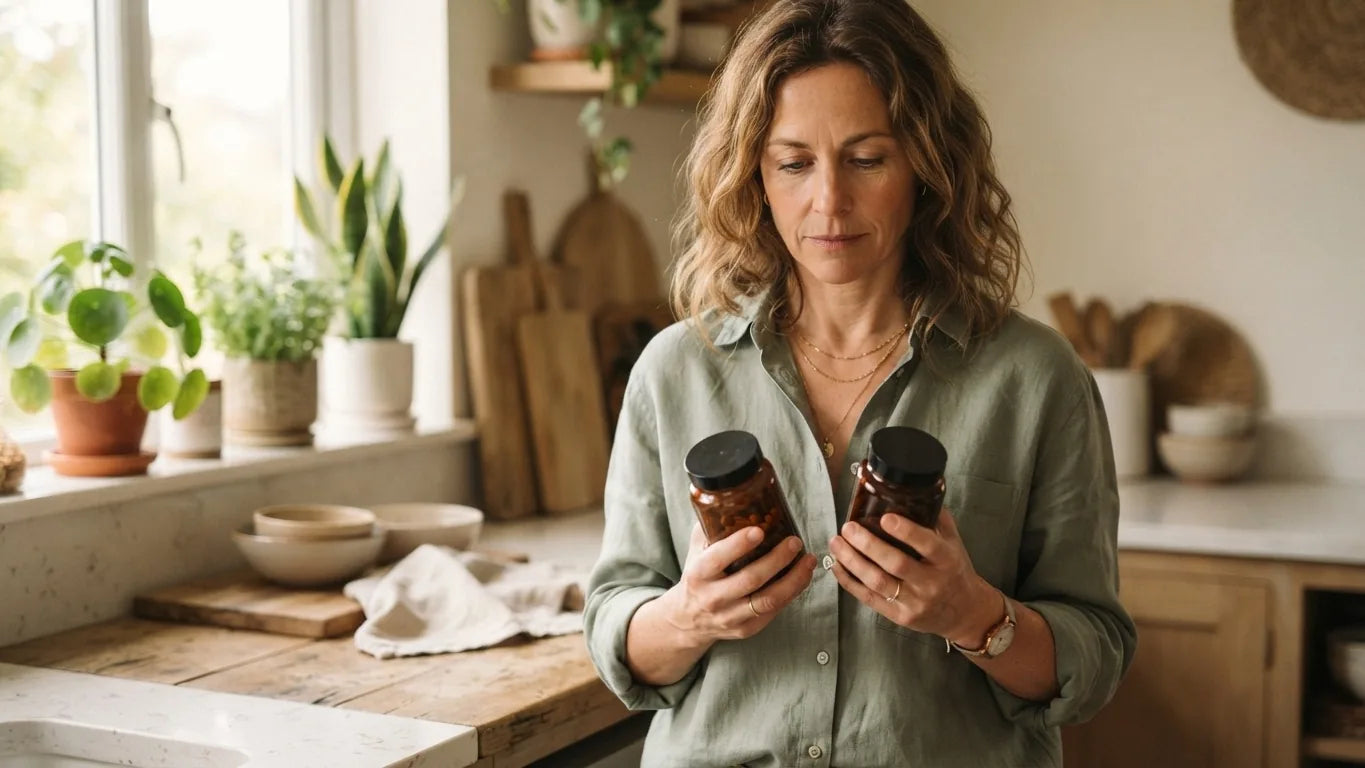 Person comparing two unbranded herb bottles at a kitchen counter