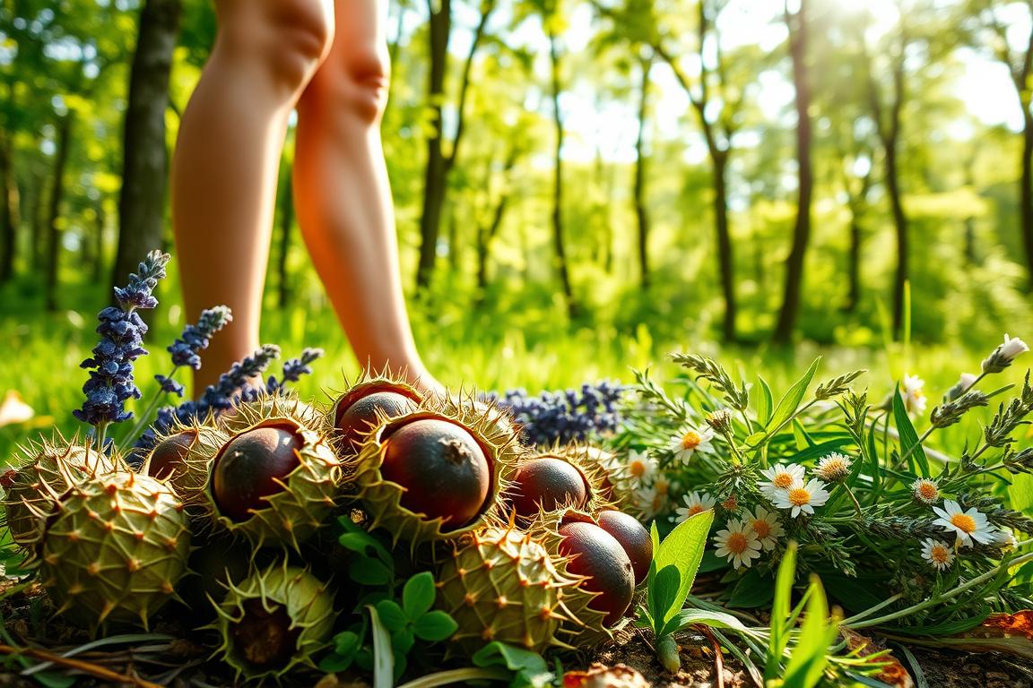 A woman applying a cream containing horse chestnut extract to her legs to treat cellulite.