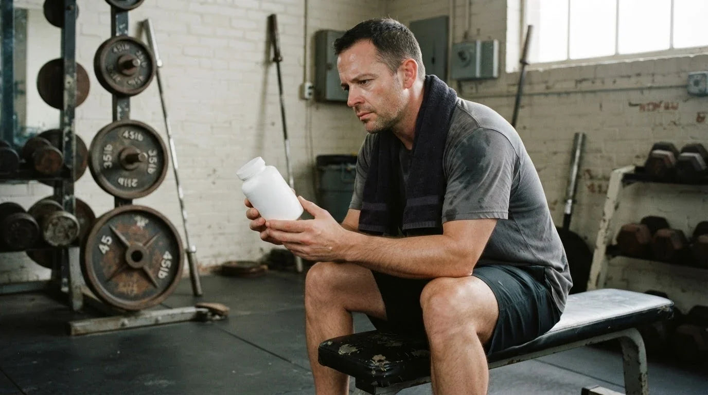 A man on a gym bench reading the back of a plain unbranded supplement bottle