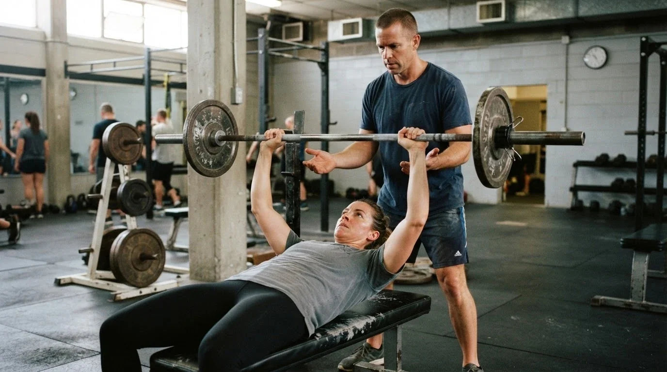 Two ordinary gym-goers, one pressing a barbell while the other spots