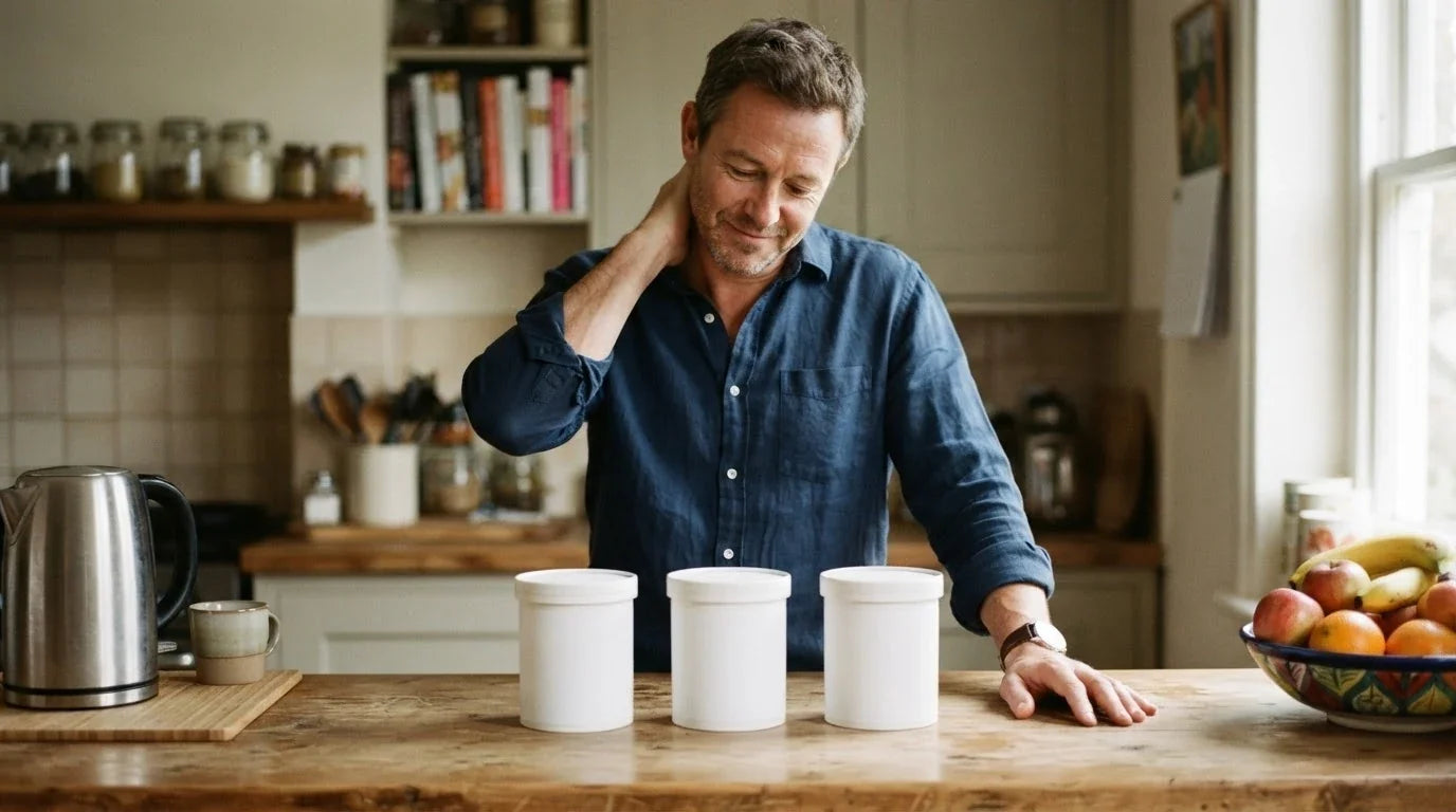 A man at his kitchen counter deciding between three plain unbranded containers