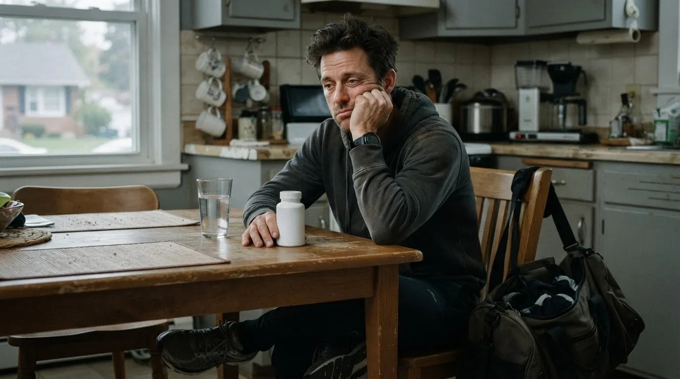 A man at his kitchen table before training with a plain supplement bottle and water