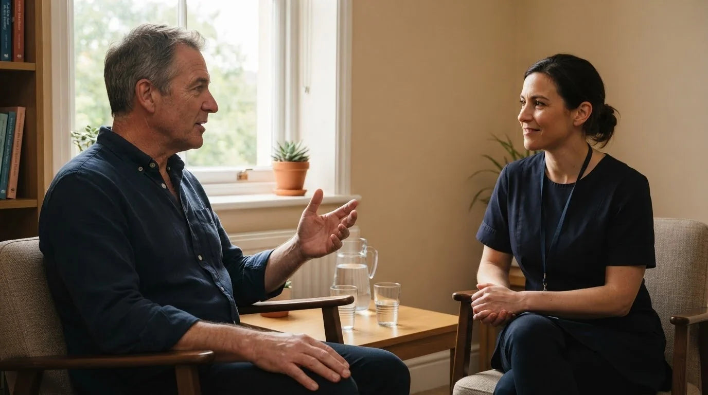 A man and a clinician talking in a calm consultation room