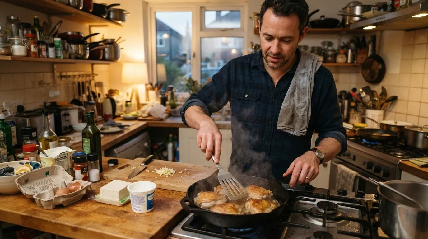A man cooking chicken with eggs, tofu and yoghurt on the counter beside him