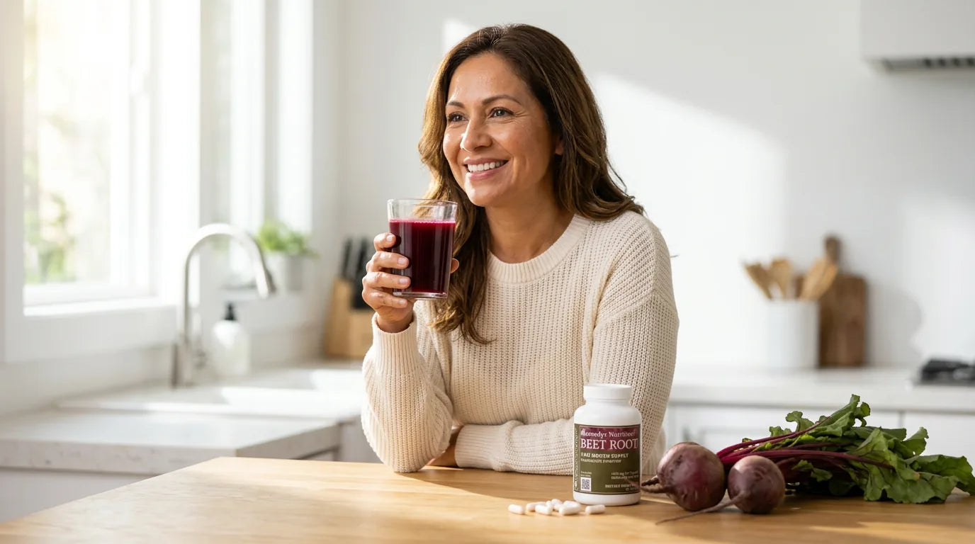 Woman in a sunlit kitchen with fresh beets and beet root capsules