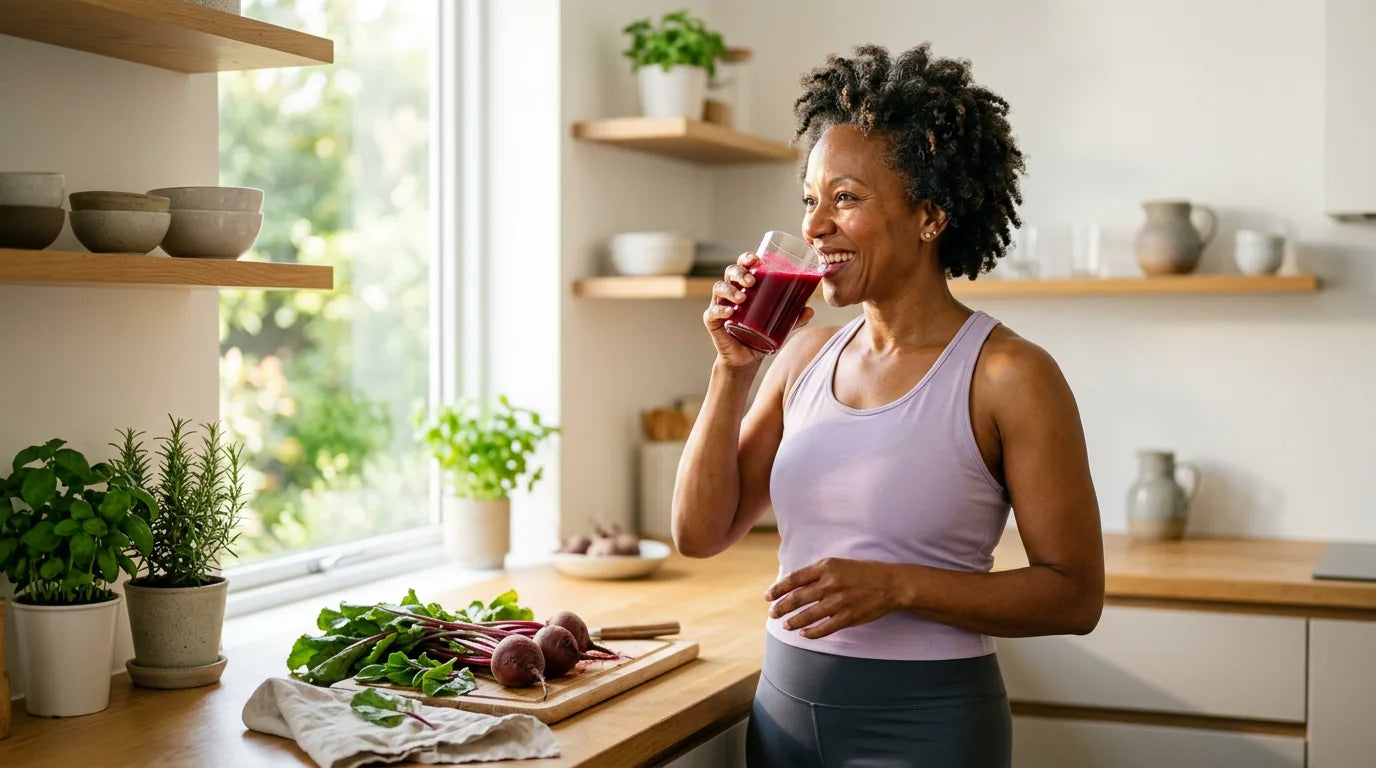 Energized woman drinking beet juice for its health benefits
