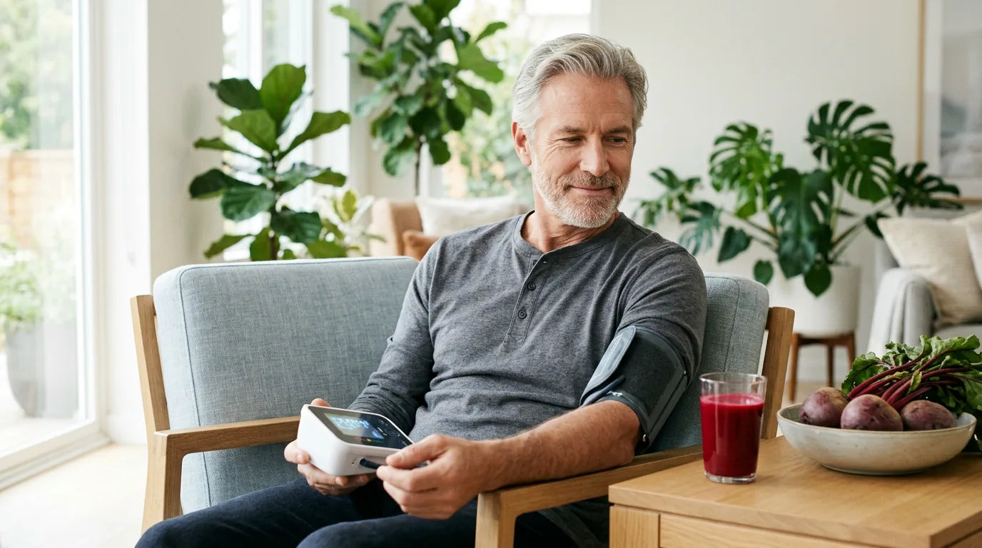 Older man calmly checking blood pressure at home with beet juice nearby