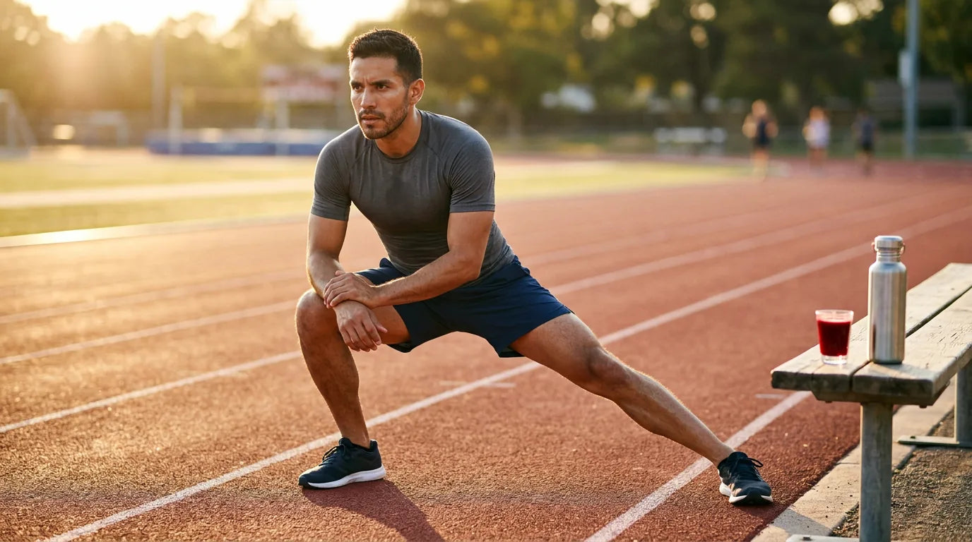 Runner warming up at golden hour with beet juice for performance