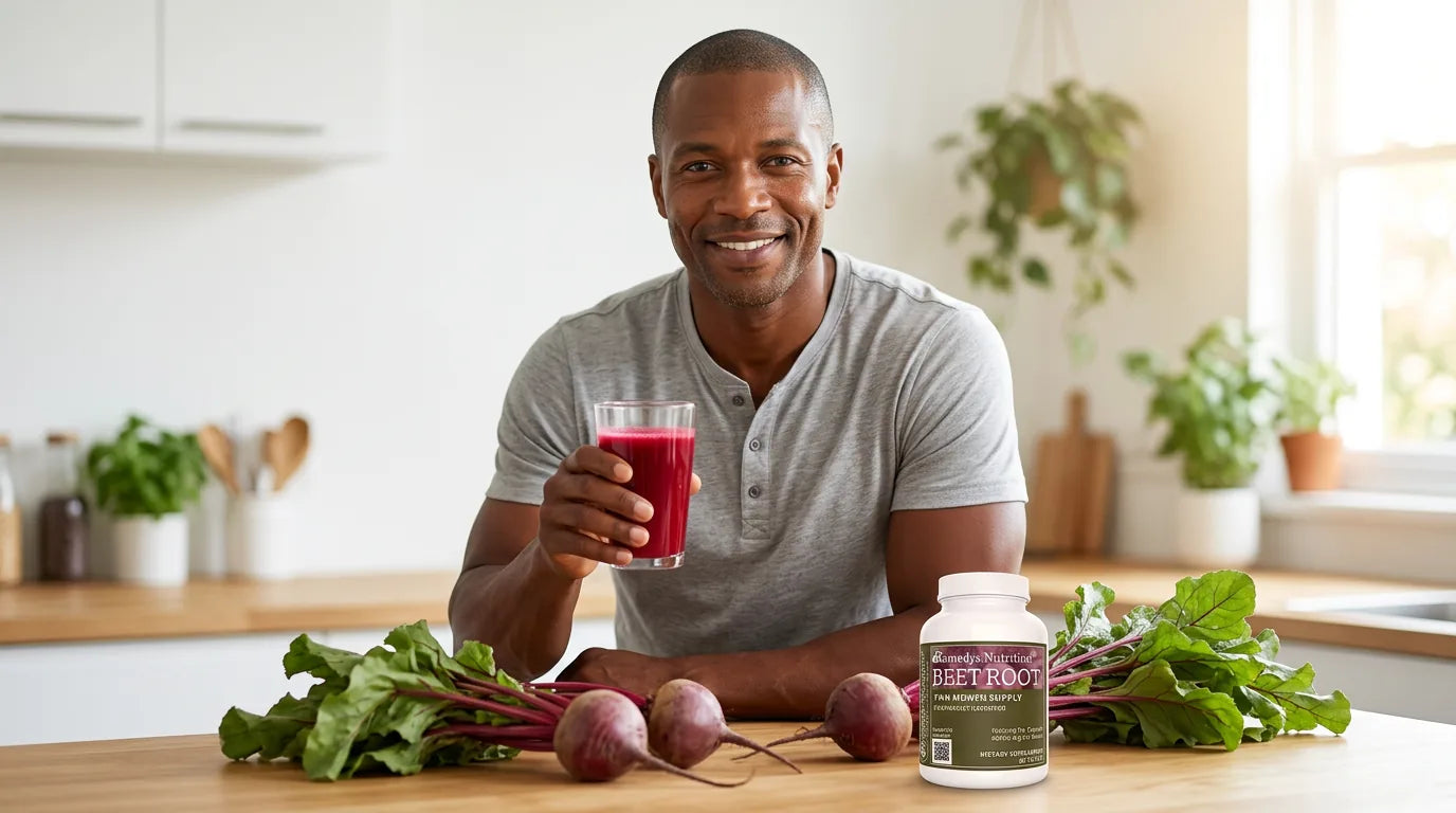 Confident man with beet juice for vitality and circulation
