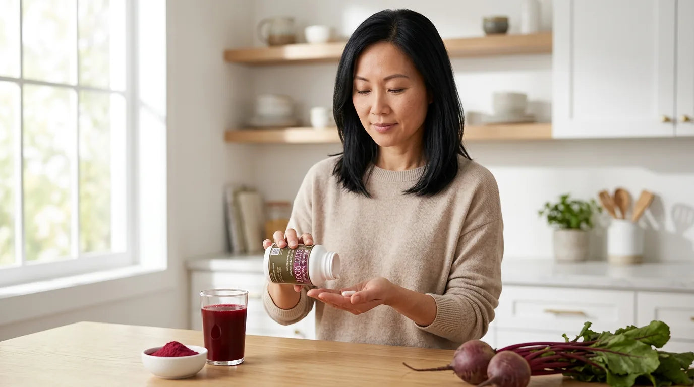 Woman measuring her daily beet root dose in a sunlit kitchen