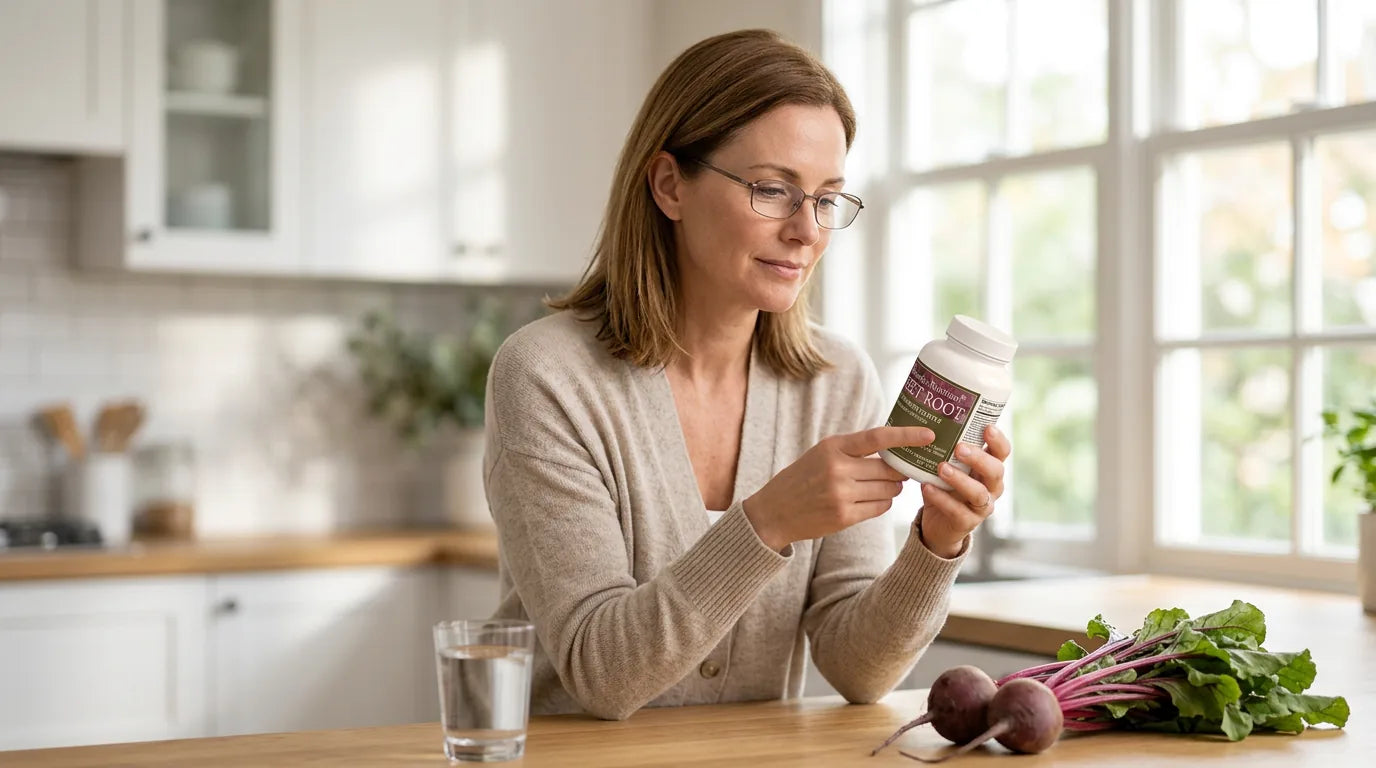 Woman carefully reviewing beet root supplement facts