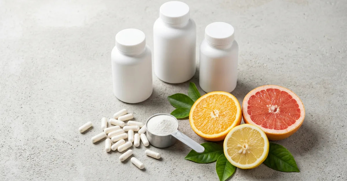 Best modified citrus pectin supplements 2025 — MCP capsules with citrus fruit on clean surface