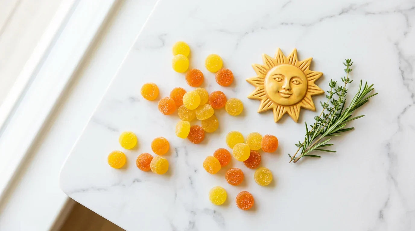 Colorful vitamin D gummy supplements arranged on white marble — best gummies of 2026 review