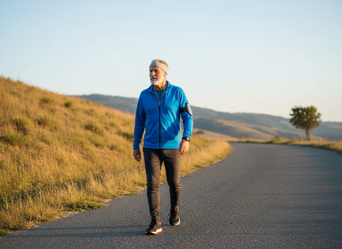 Active senior man in blue athletic jacket walking on a road amidst golden hills during a tranquil sunset.
