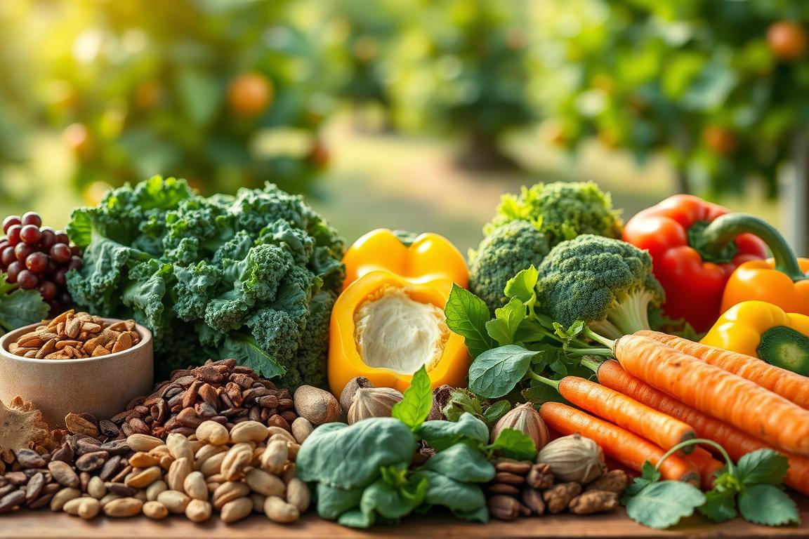 Fresh healthy produce still life featuring vibrant fruits, vegetables, nuts, kale, peppers, and carrots in a natural sunlit garden, showcasing the best foods for adrenal fatigue and optimal wellness.