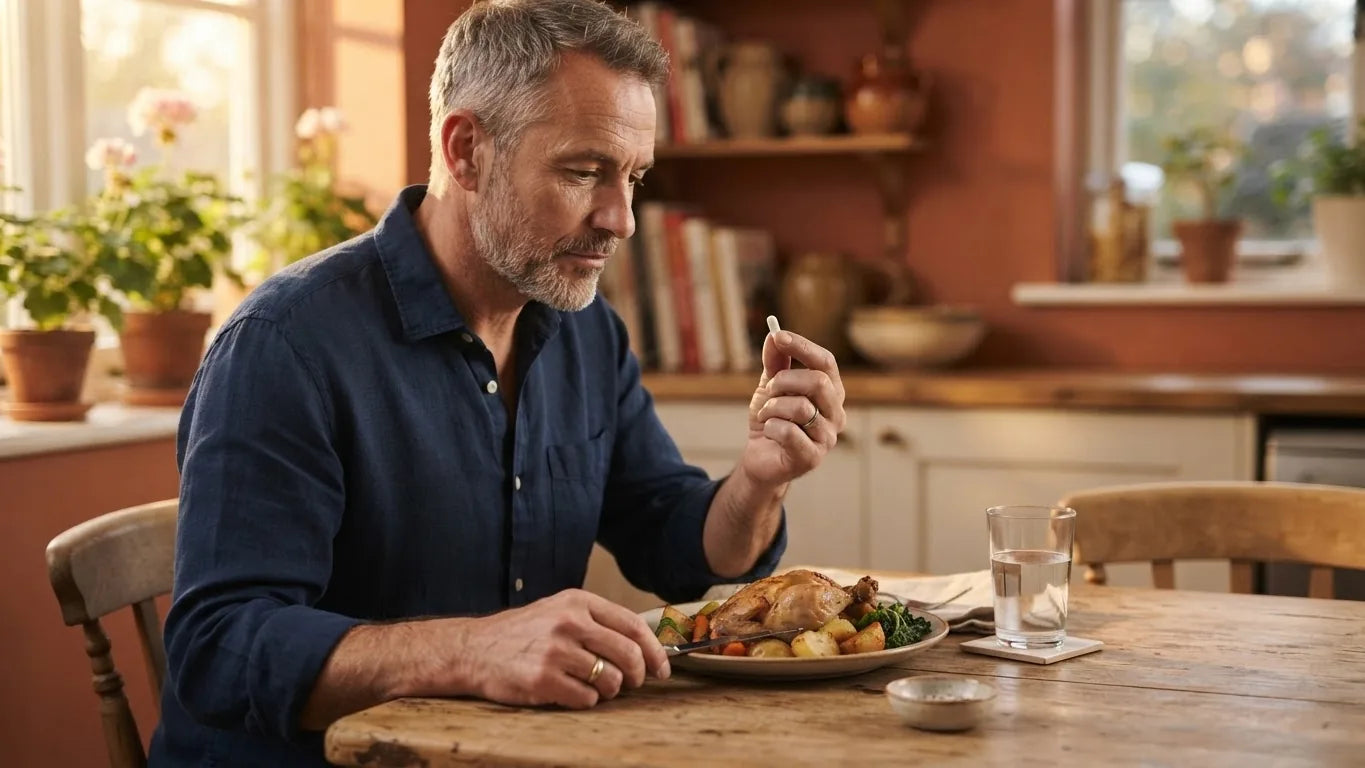 Man taking a capsule with a meal at a kitchen table