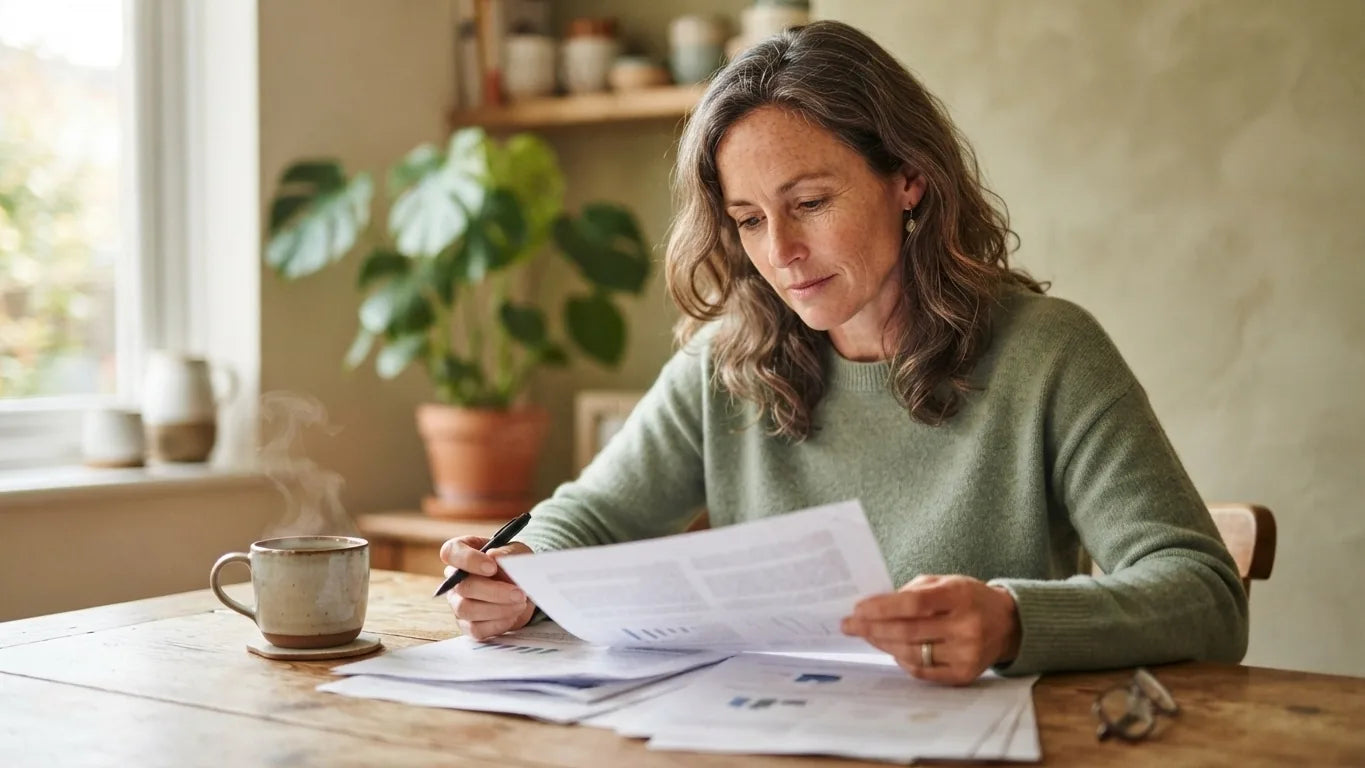 Woman reading research at a table with tea
