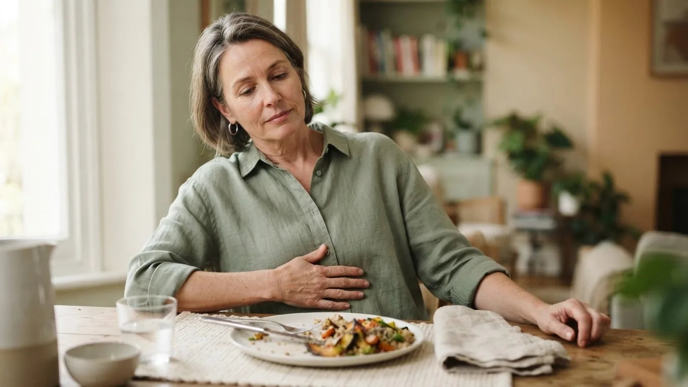 Woman sitting at a table looking uncomfortable after eating