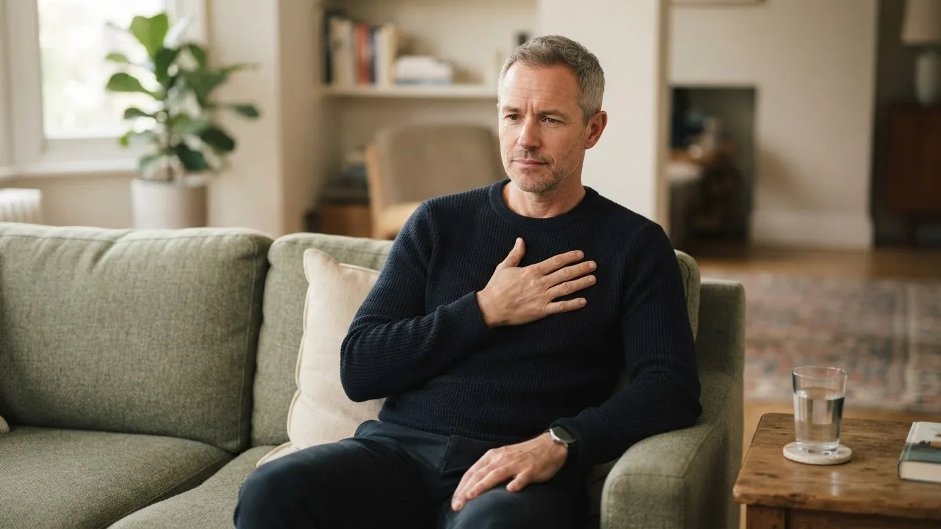Man sitting on a sofa with a hand on his chest after eating